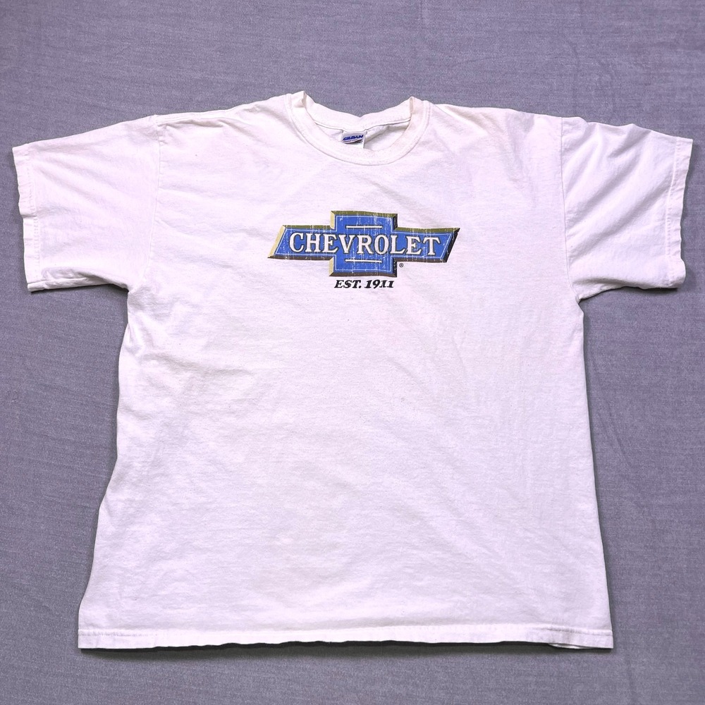 Vintage Gildan Mens White Chevrolet Bowtie Est 1191 Logo Graphic T-Shirt Size XL